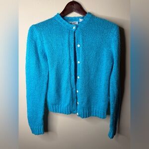 VTG 70s 80s 90s Bright Blue Knit Cardigan Sweater Flower Buttons. Spring Easter